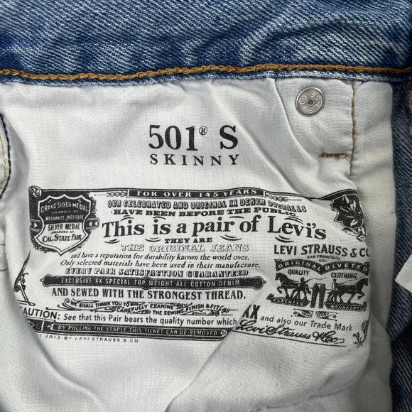 Levis Pants Womens 29x28 Blue 501S Skinny Button Fly Distressed Denim Jeans - Picture 3 of 14